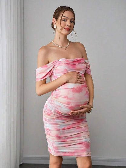 Maternity Tie-Dye Bodycon Midi Dress - Strapless, Cold Shoulder, Ruched, Slim Fit, Multicolor
