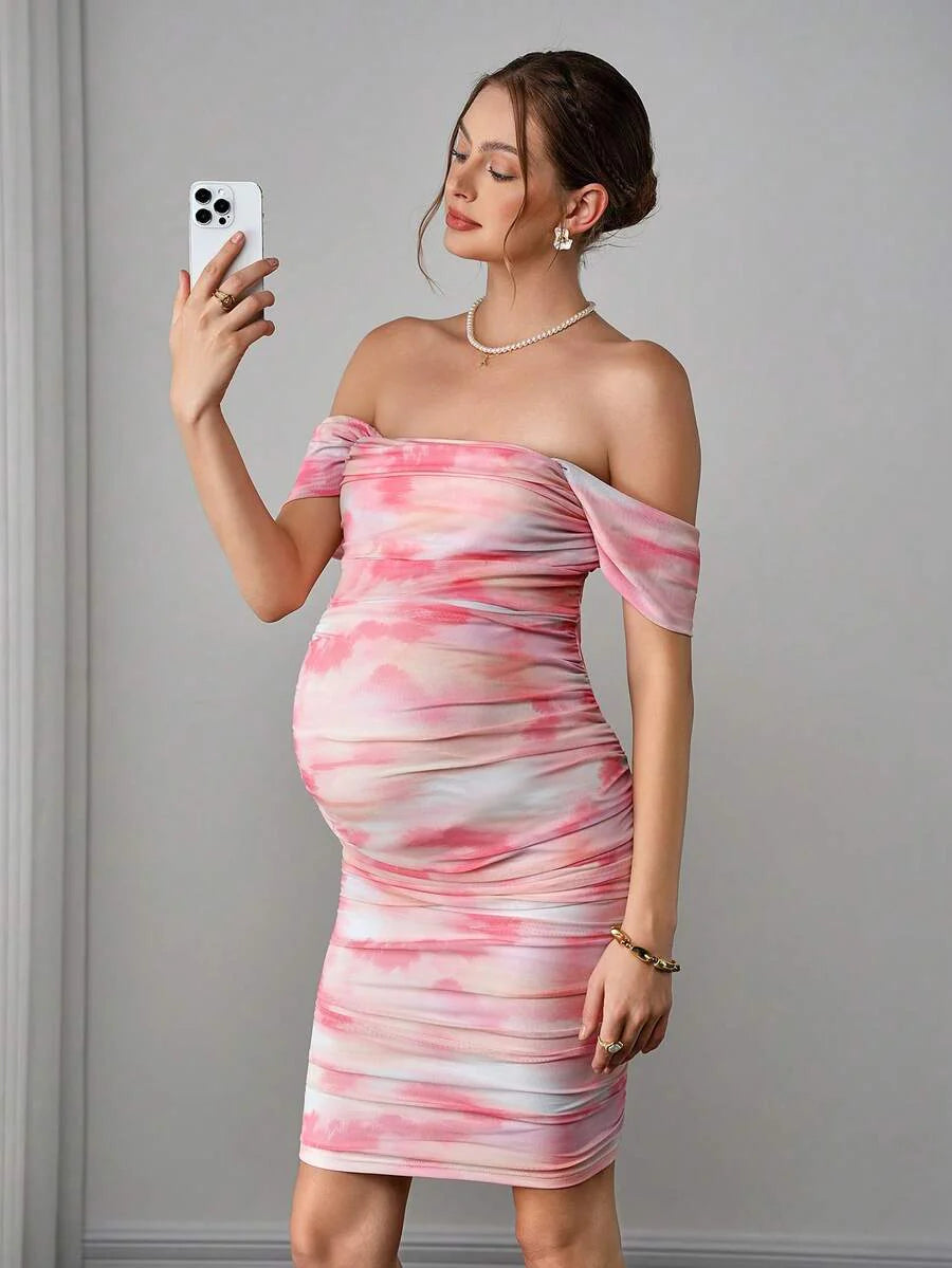 Maternity Tie-Dye Bodycon Midi Dress - Strapless, Cold Shoulder, Ruched, Slim Fit, Multicolor