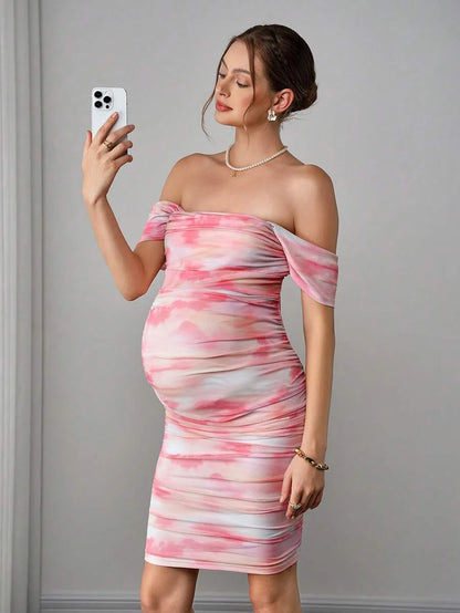 Maternity Tie-Dye Bodycon Midi Dress - Strapless, Cold Shoulder, Ruched, Slim Fit, Multicolor