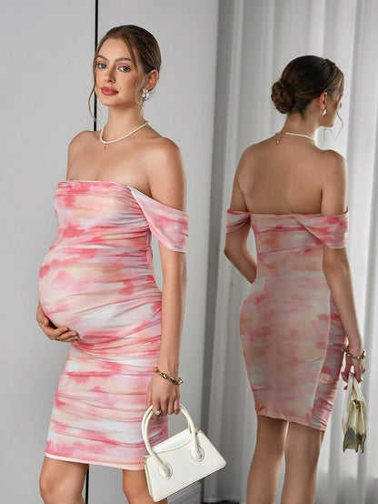 Maternity Tie-Dye Bodycon Midi Dress - Strapless, Cold Shoulder, Ruched, Slim Fit, Multicolor