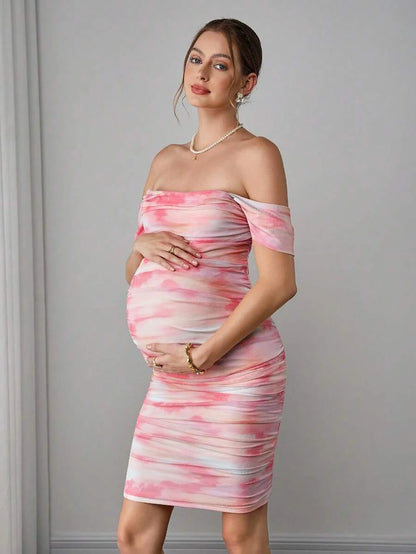 Maternity Tie-Dye Bodycon Midi Dress - Strapless, Cold Shoulder, Ruched, Slim Fit, Multicolor