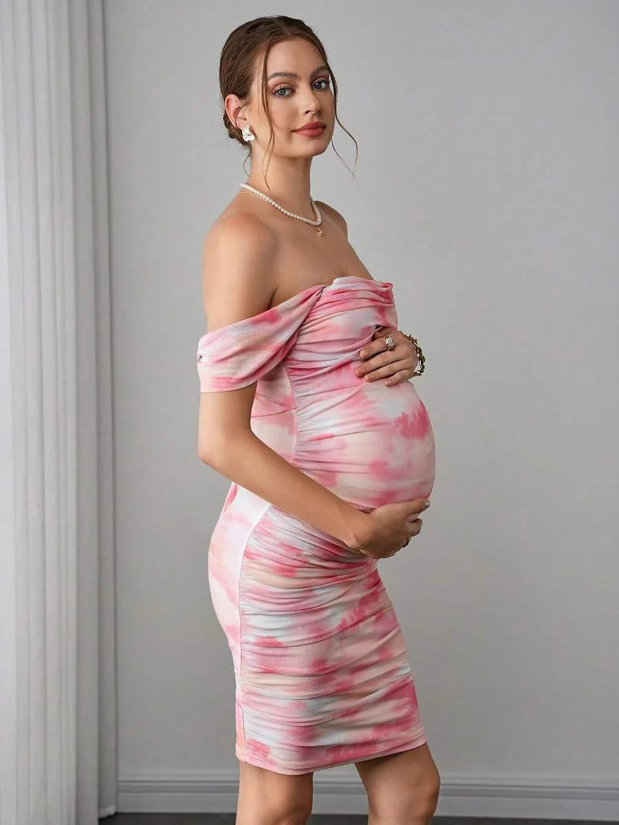 Maternity Tie-Dye Bodycon Midi Dress - Strapless, Cold Shoulder, Ruched, Slim Fit, Multicolor