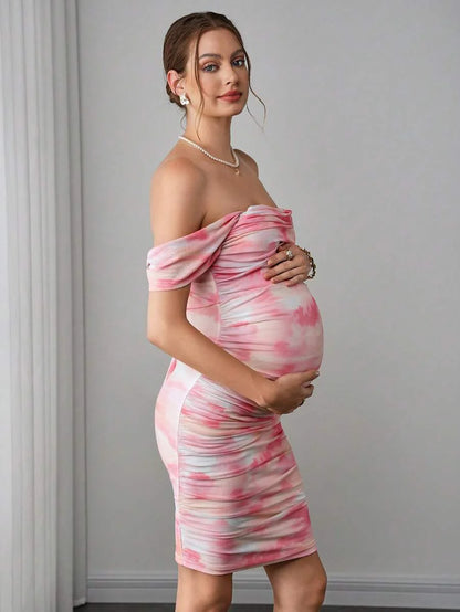 Maternity Tie-Dye Bodycon Midi Dress - Strapless, Cold Shoulder, Ruched, Slim Fit, Multicolor