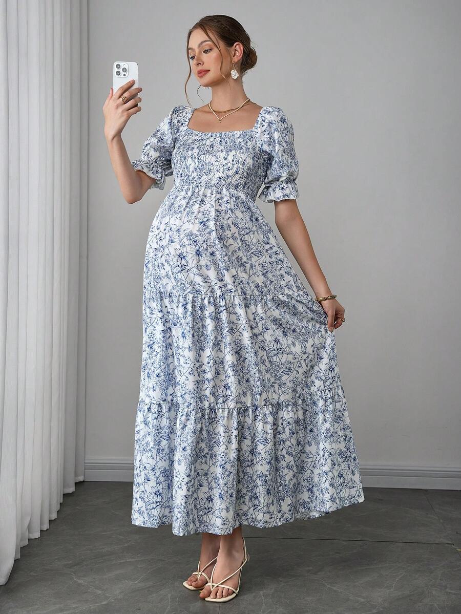 Maternity Floral A-Line Midi Dress - Square Neck, Puff Short Sleeve, Ruffle Hem, Blue and White
