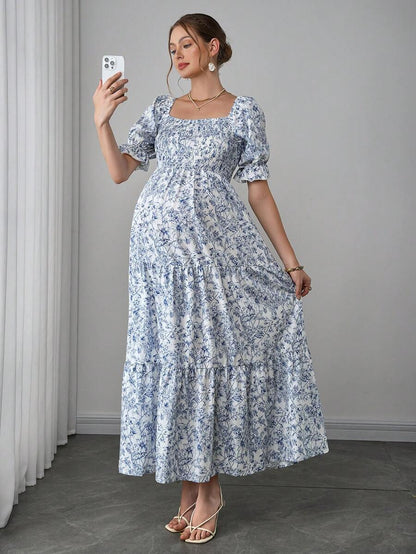Maternity Floral A-Line Midi Dress - Square Neck, Puff Short Sleeve, Ruffle Hem, Blue and White