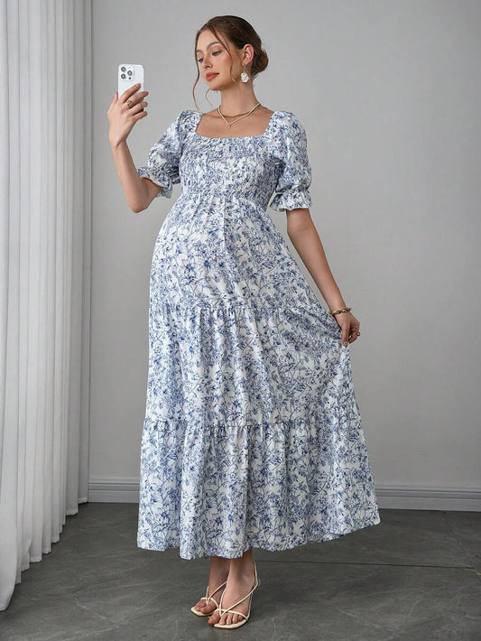 Maternity Floral A-Line Midi Dress - Square Neck, Puff Short Sleeve, Ruffle Hem, Blue and White