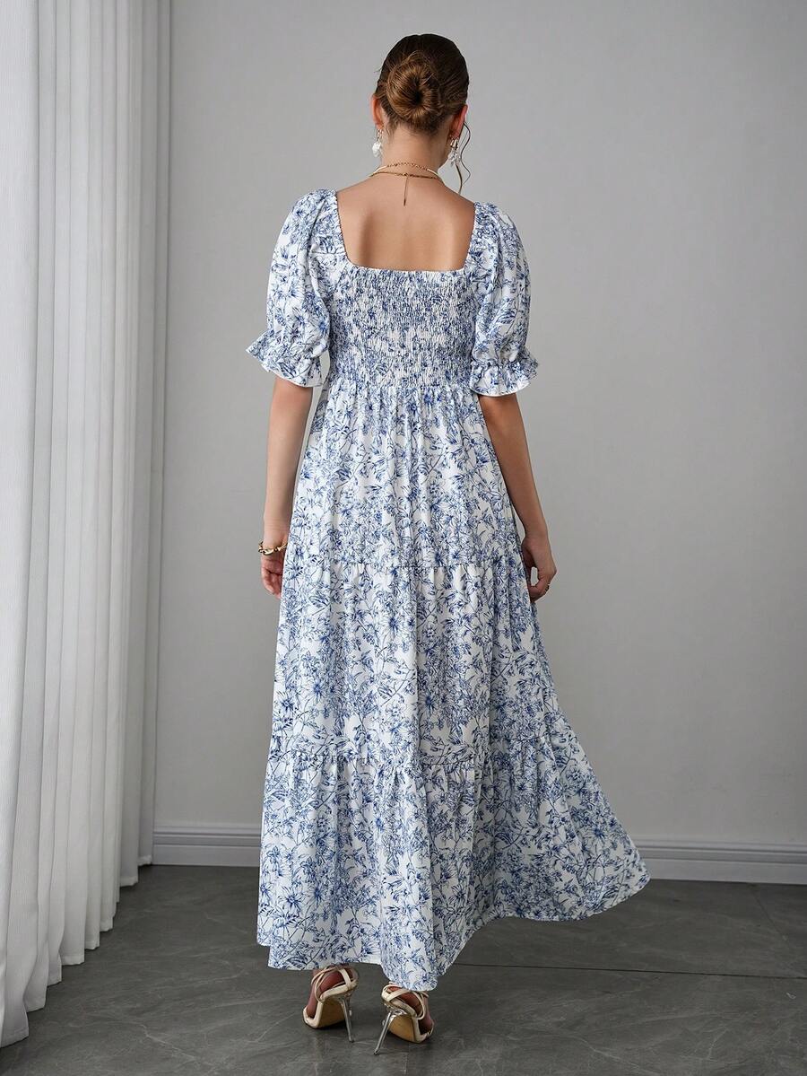 Maternity Floral A-Line Midi Dress - Square Neck, Puff Short Sleeve, Ruffle Hem, Blue and White