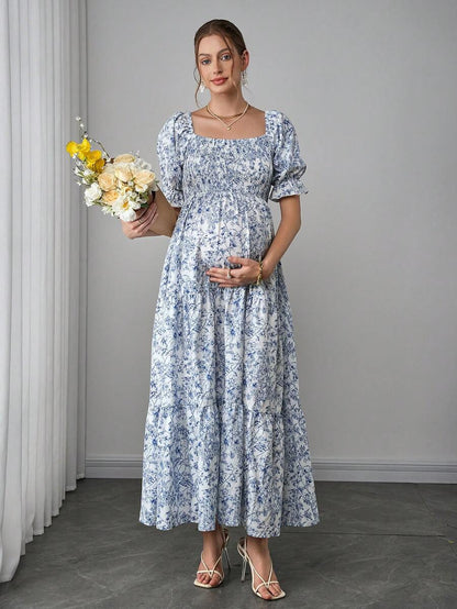 Maternity Floral A-Line Midi Dress - Square Neck, Puff Short Sleeve, Ruffle Hem, Blue and White