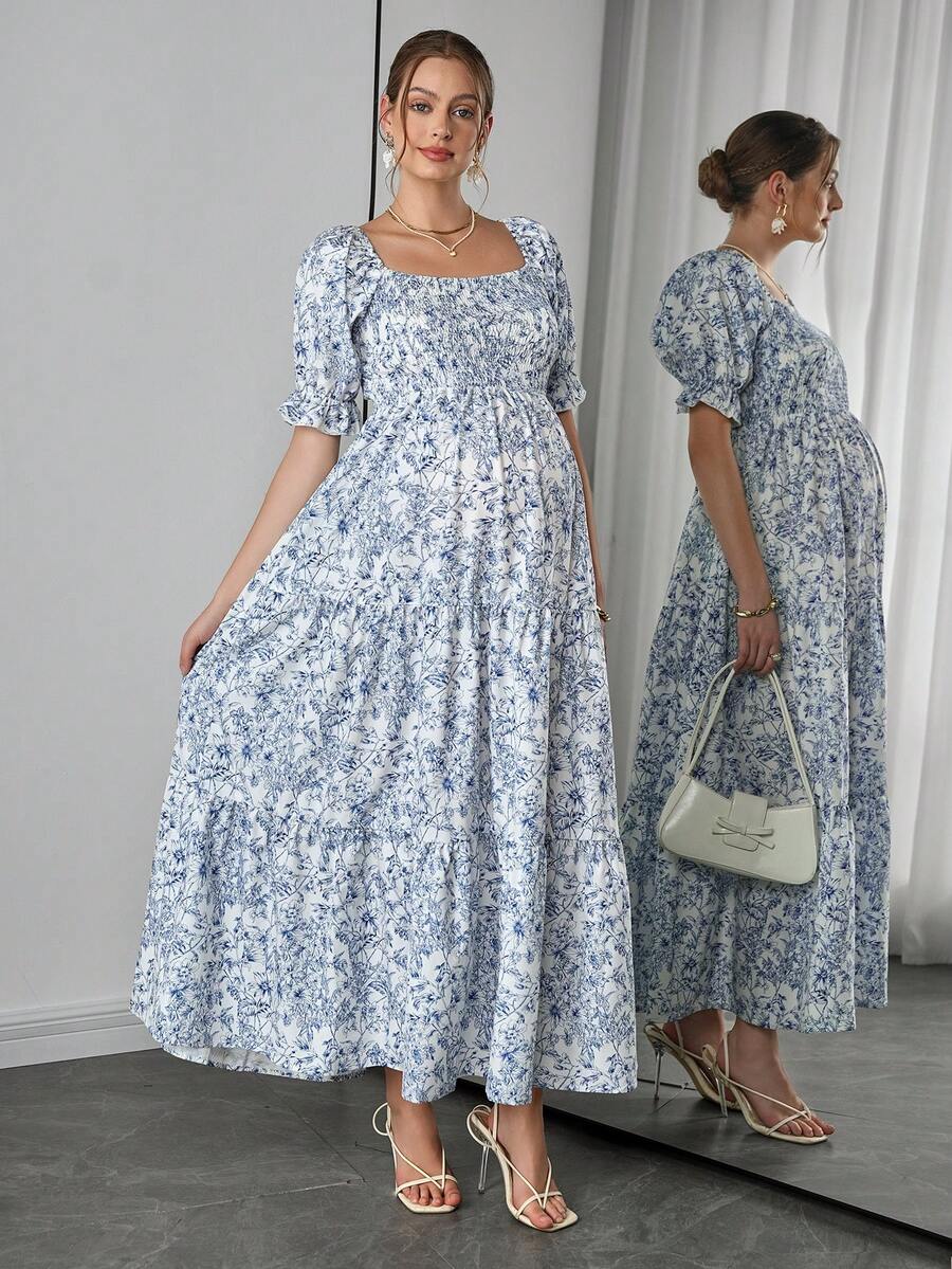 Maternity Floral A-Line Midi Dress - Square Neck, Puff Short Sleeve, Ruffle Hem, Blue and White