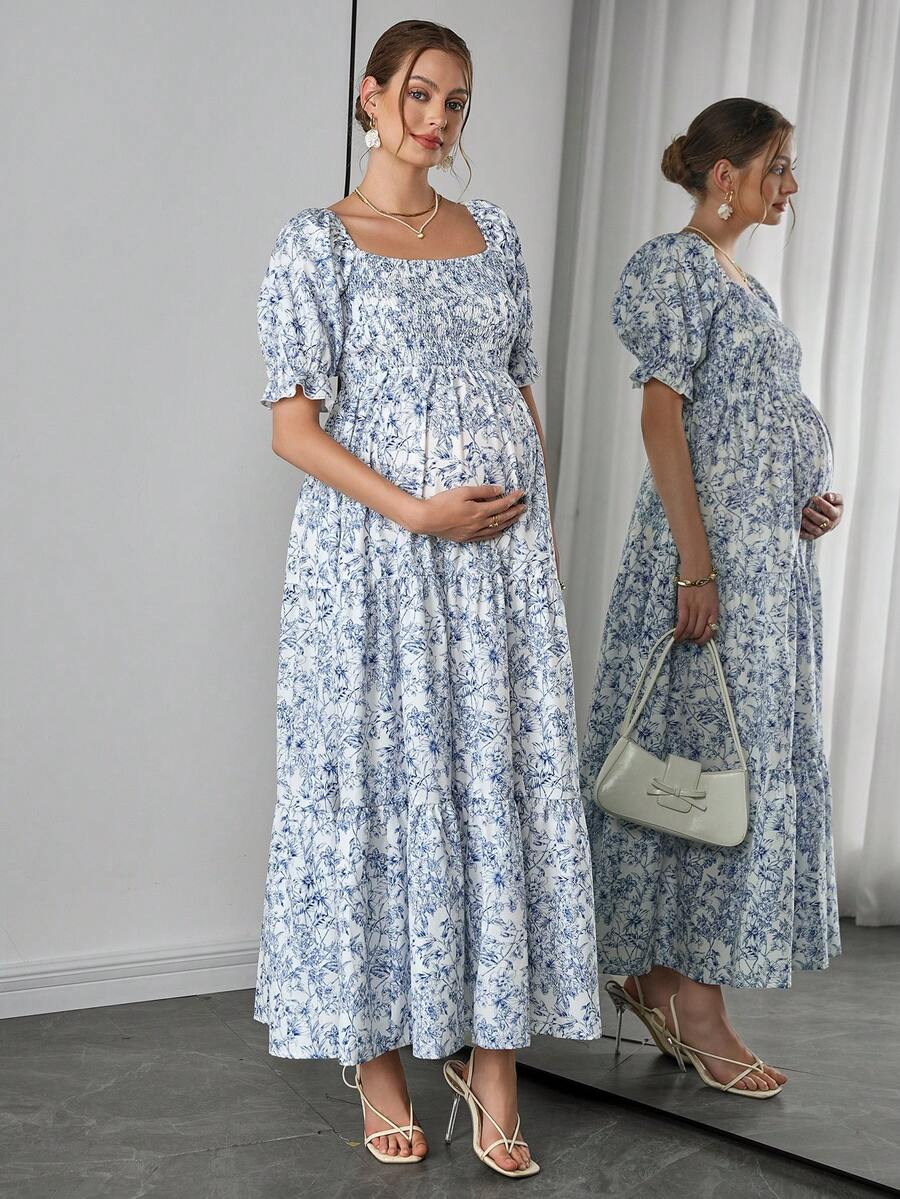 Maternity Floral A-Line Midi Dress - Square Neck, Puff Short Sleeve, Ruffle Hem, Blue and White