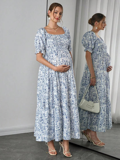 Maternity Floral A-Line Midi Dress - Square Neck, Puff Short Sleeve, Ruffle Hem, Blue and White
