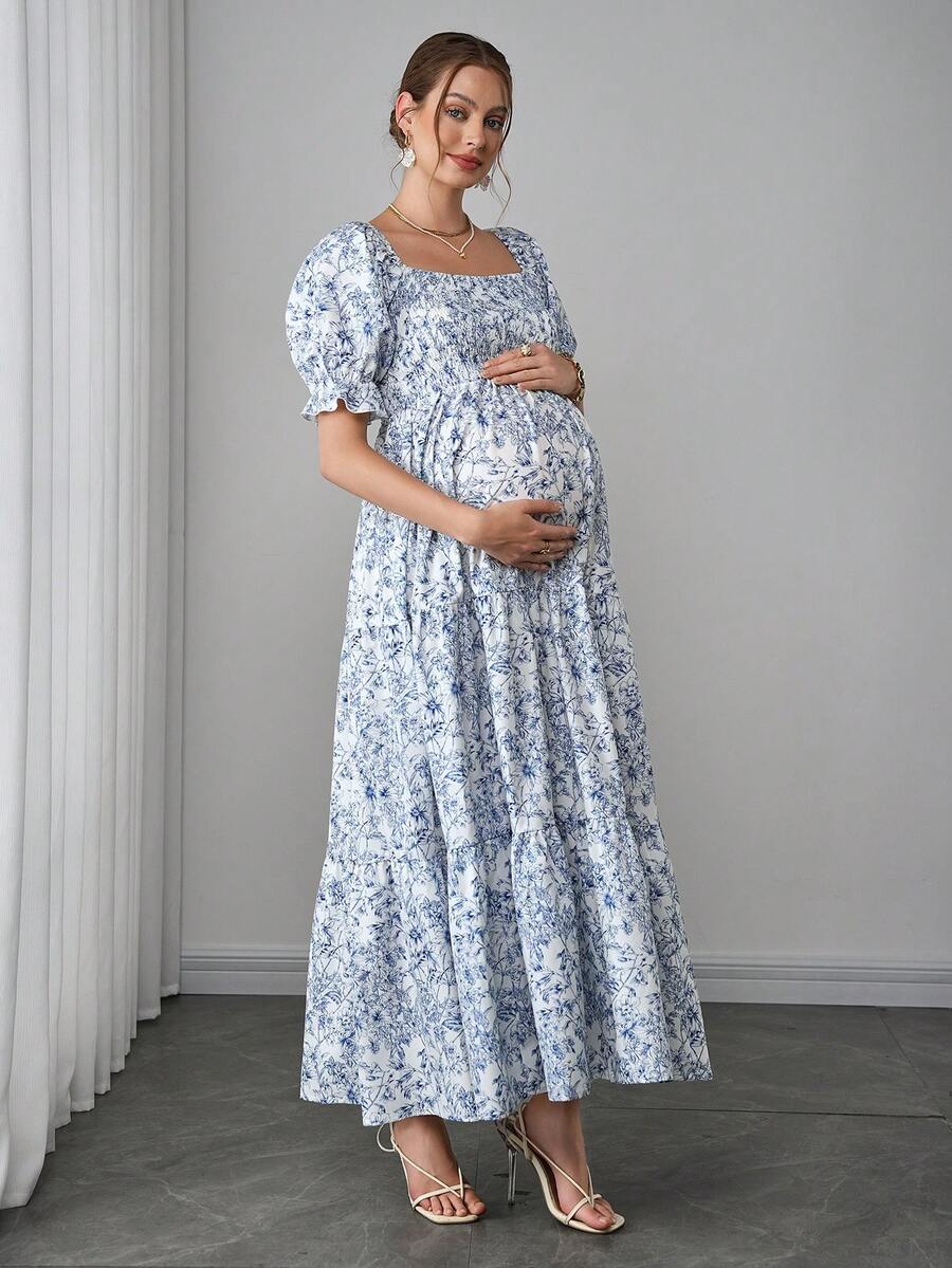 Maternity Floral A-Line Midi Dress - Square Neck, Puff Short Sleeve, Ruffle Hem, Blue and White