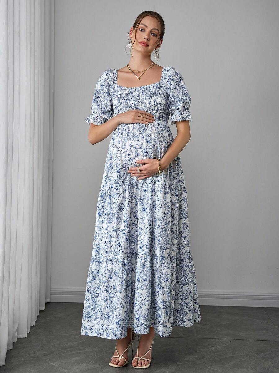 Maternity Floral A-Line Midi Dress - Square Neck, Puff Short Sleeve, Ruffle Hem, Blue and White