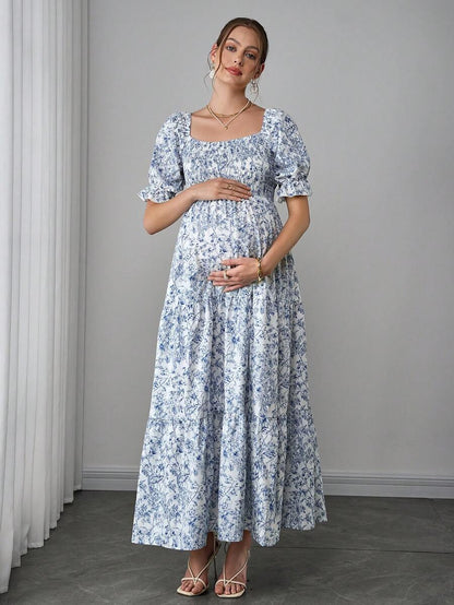 Maternity Floral A-Line Midi Dress - Square Neck, Puff Short Sleeve, Ruffle Hem, Blue and White