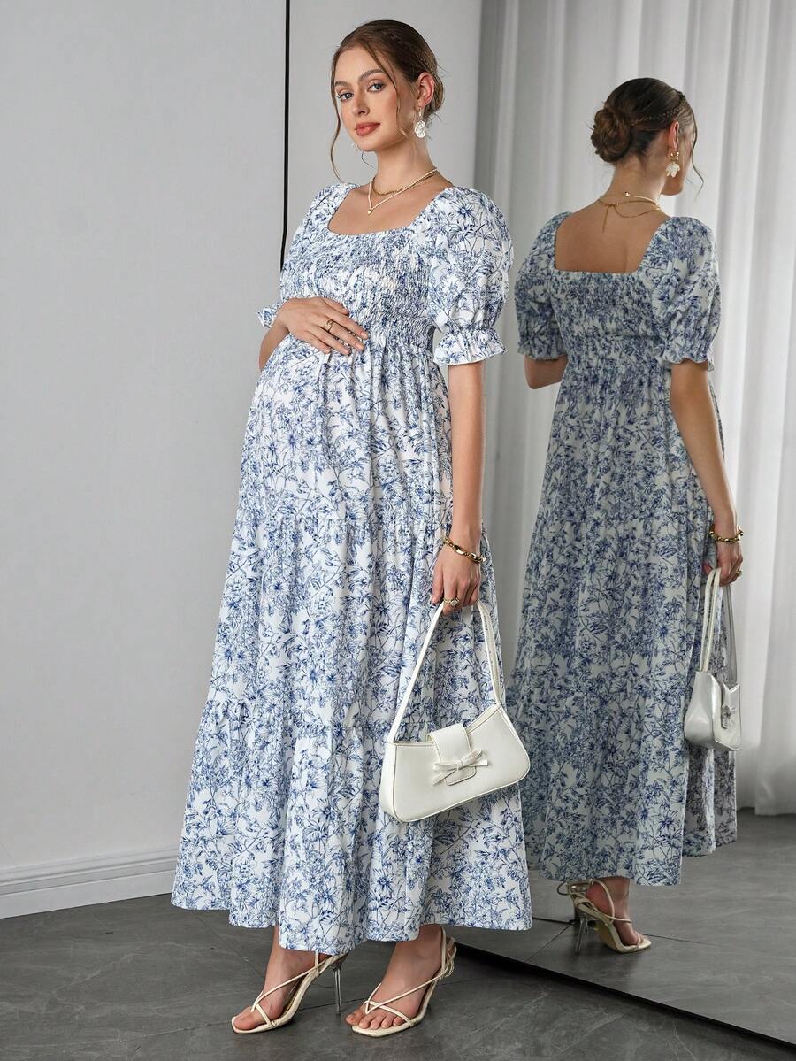 Maternity Floral A-Line Midi Dress - Square Neck, Puff Short Sleeve, Ruffle Hem, Blue and White