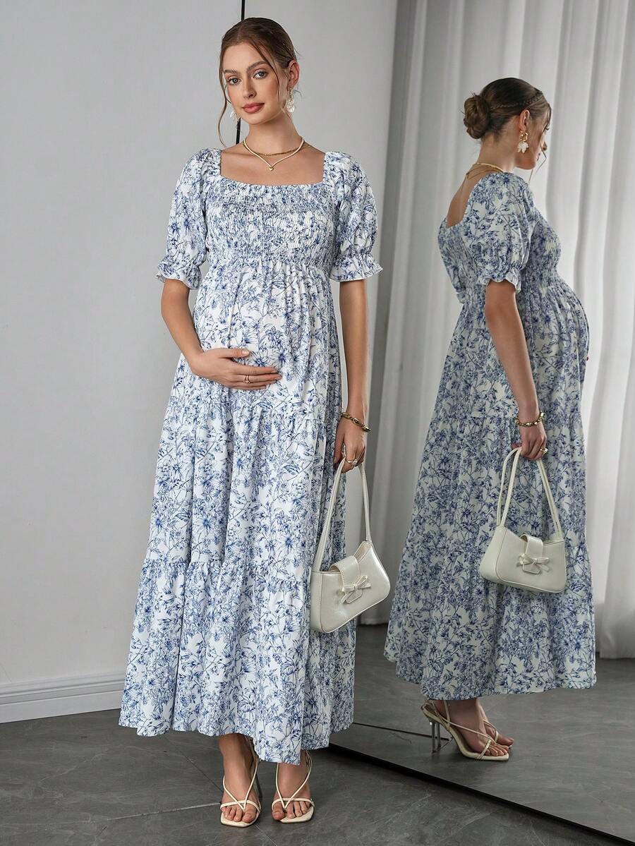 Maternity Floral A-Line Midi Dress - Square Neck, Puff Short Sleeve, Ruffle Hem, Blue and White