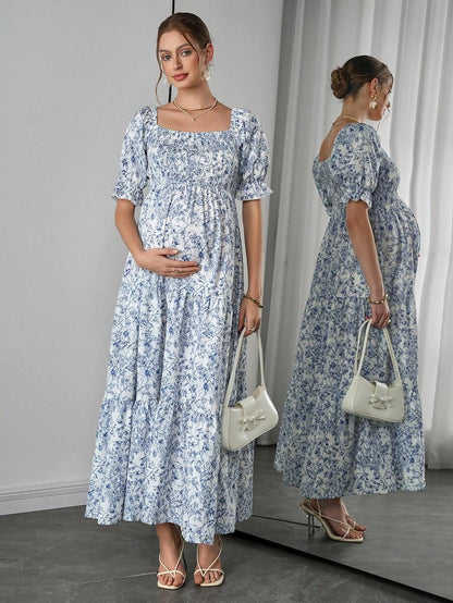 Maternity Floral A-Line Midi Dress - Square Neck, Puff Short Sleeve, Ruffle Hem, Blue and White