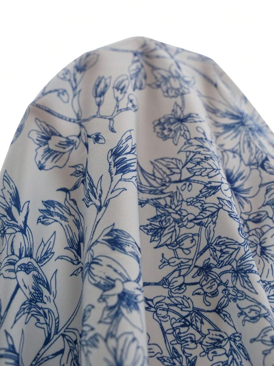 Maternity Floral A-Line Midi Dress - Square Neck, Puff Short Sleeve, Ruffle Hem, Blue and White