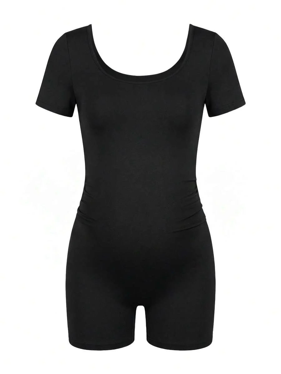 Maternity Short Sleeve Square Neck Skinny Jumpsuit High Stretch Casual Athletic Romper for Sports Daily Wear and Halloween