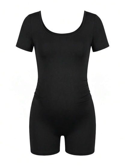 Maternity Short Sleeve Square Neck Skinny Jumpsuit High Stretch Casual Athletic Romper for Sports Daily Wear and Halloween