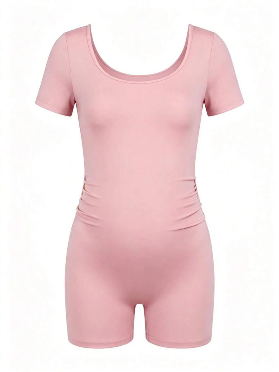 Maternity Short Sleeve Square Neck Skinny Jumpsuit High Stretch Casual Athletic Romper for Sports Daily Wear and Halloween