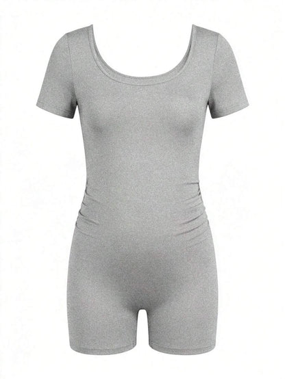 Maternity Short Sleeve Square Neck Skinny Jumpsuit High Stretch Casual Athletic Romper for Sports Daily Wear and Halloween