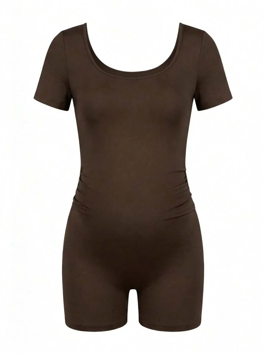 Maternity Short Sleeve Square Neck Skinny Jumpsuit High Stretch Casual Athletic Romper for Sports Daily Wear and Halloween