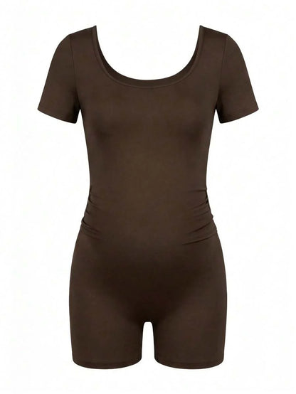 Maternity Short Sleeve Square Neck Skinny Jumpsuit High Stretch Casual Athletic Romper for Sports Daily Wear and Halloween