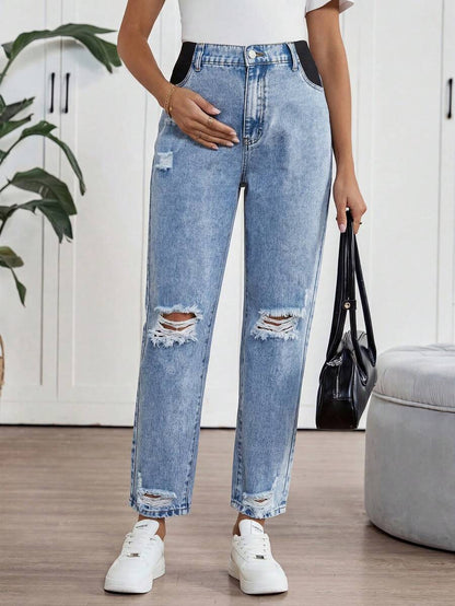 Light Blue Cropped Maternity Denim Jeans – High-Waisted Regular Fit Straight Leg Jeans with Pockets and Zipper Fly for Casual, Office, and Streetwear