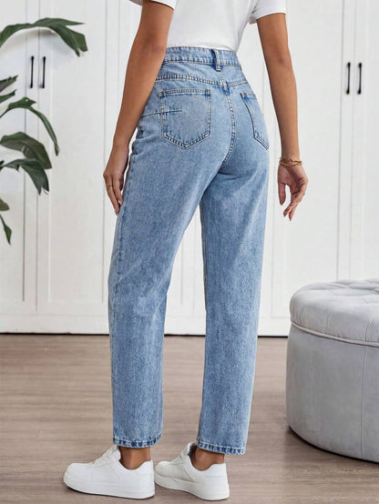 Light Blue Cropped Maternity Denim Jeans – High-Waisted Regular Fit Straight Leg Jeans with Pockets and Zipper Fly for Casual, Office, and Streetwear