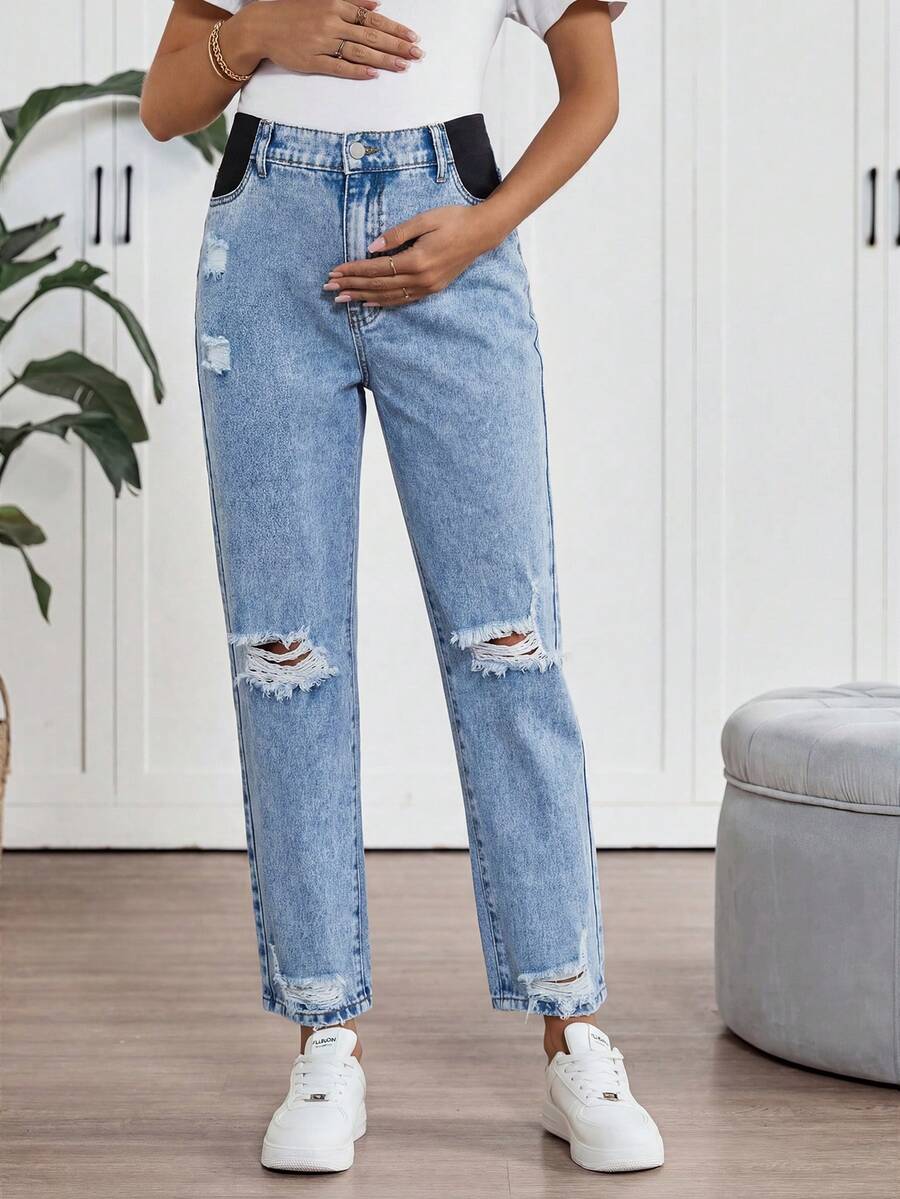 Light Blue Cropped Maternity Denim Jeans – High-Waisted Regular Fit Straight Leg Jeans with Pockets and Zipper Fly for Casual, Office, and Streetwear