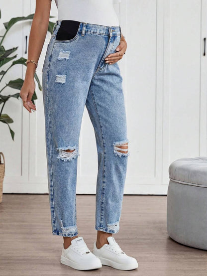 Light Blue Cropped Maternity Denim Jeans – High-Waisted Regular Fit Straight Leg Jeans with Pockets and Zipper Fly for Casual, Office, and Streetwear