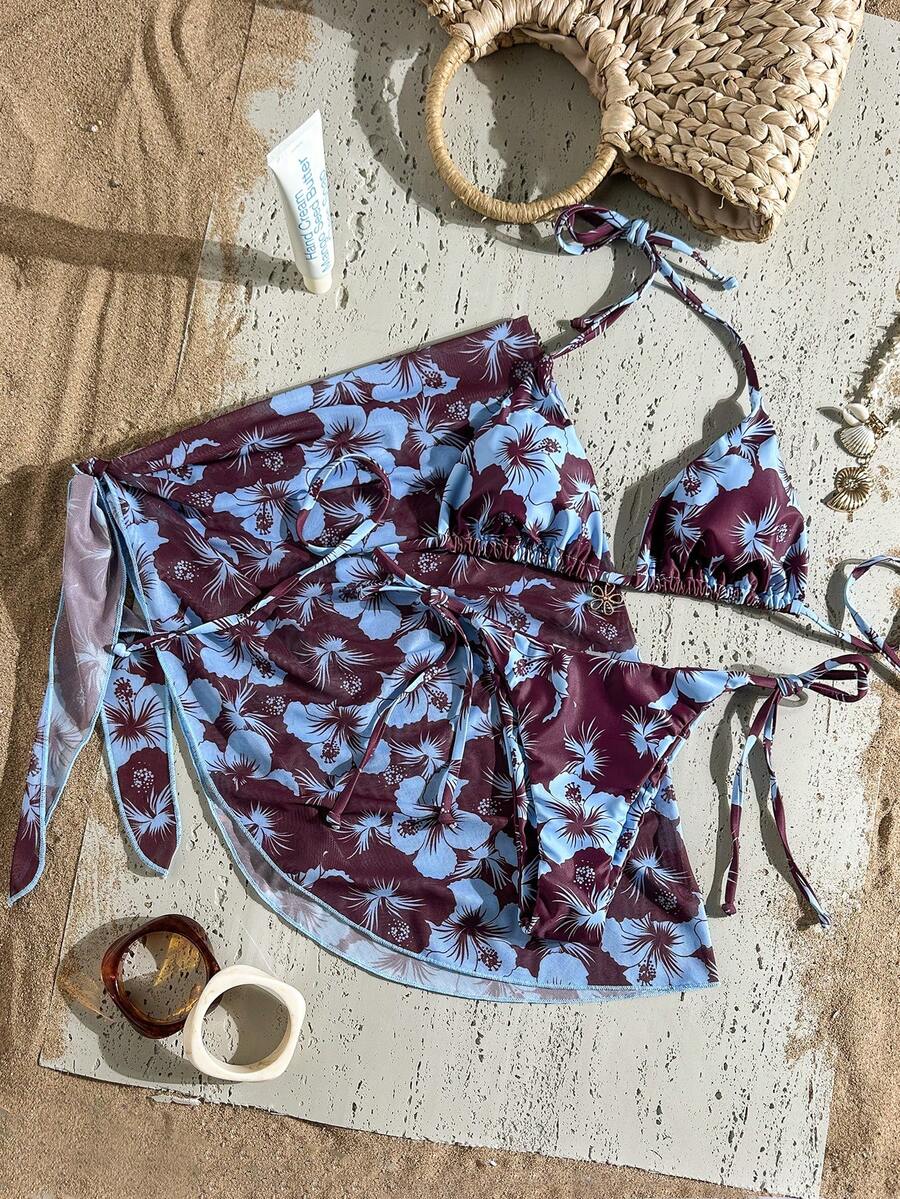Women's 3-Piece Halter Bikini Set - Beach Dress, Tie-Up, Skirt Bottom, Blue