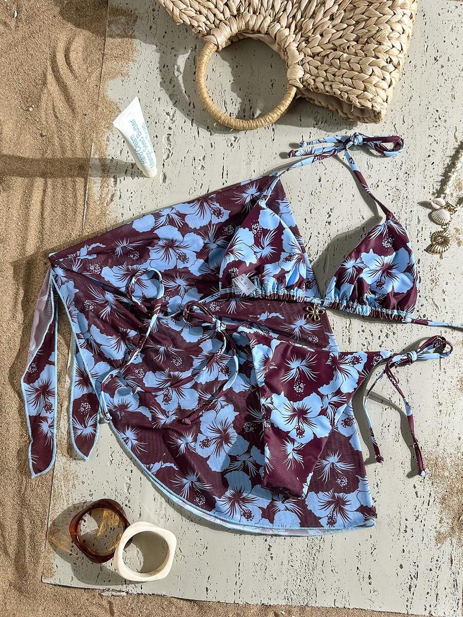 Women's 3-Piece Halter Bikini Set - Beach Dress, Tie-Up, Skirt Bottom, Blue