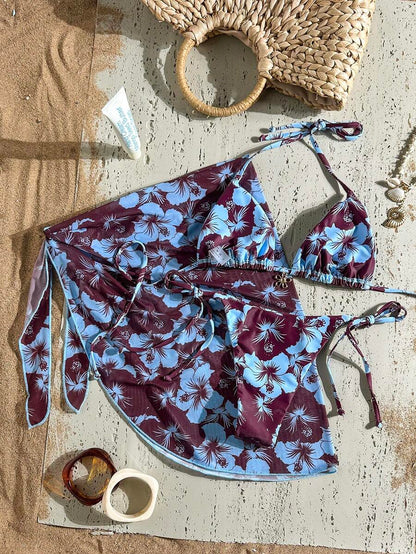 Women's 3-Piece Halter Bikini Set - Beach Dress, Tie-Up, Skirt Bottom, Blue