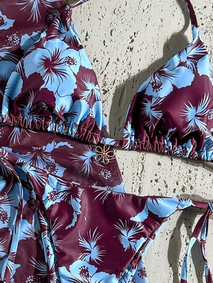 Women's 3-Piece Halter Bikini Set - Beach Dress, Tie-Up, Skirt Bottom, Blue
