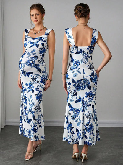 Maternity Bodycon Long Dress - Sweetheart Wide Strap, Double Ruffle, Back Slit, Mermaid Hem, Blue and White