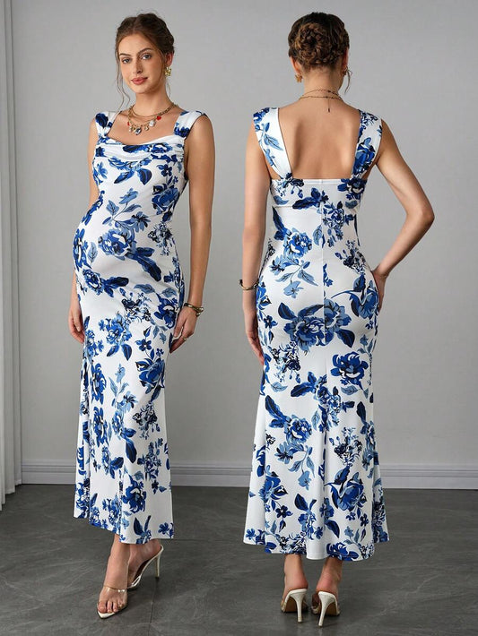 Maternity Bodycon Long Dress - Sweetheart Wide Strap, Double Ruffle, Back Slit, Mermaid Hem, Blue and White