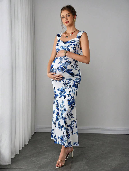 Maternity Bodycon Long Dress - Sweetheart Wide Strap, Double Ruffle, Back Slit, Mermaid Hem, Blue and White