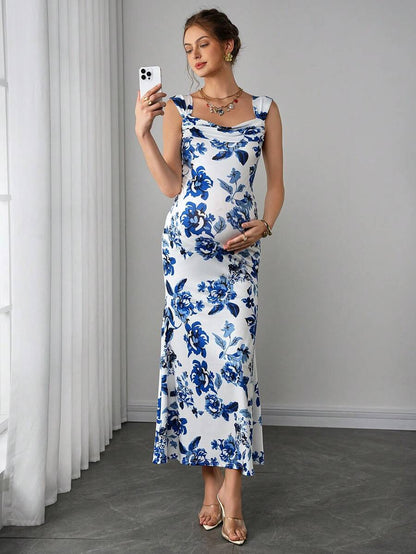 Maternity Bodycon Long Dress - Sweetheart Wide Strap, Double Ruffle, Back Slit, Mermaid Hem, Blue and White