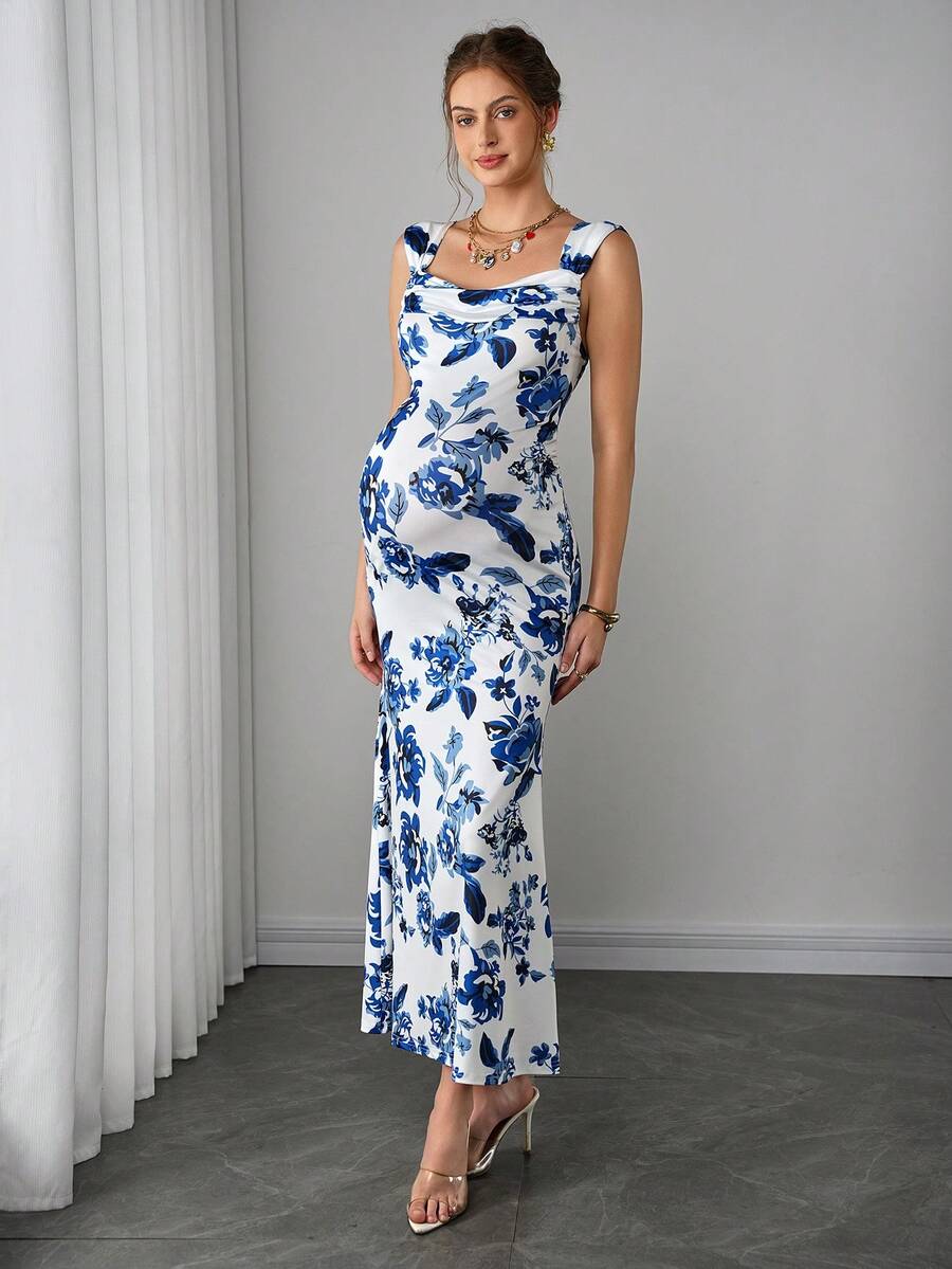 Maternity Bodycon Long Dress - Sweetheart Wide Strap, Double Ruffle, Back Slit, Mermaid Hem, Blue and White
