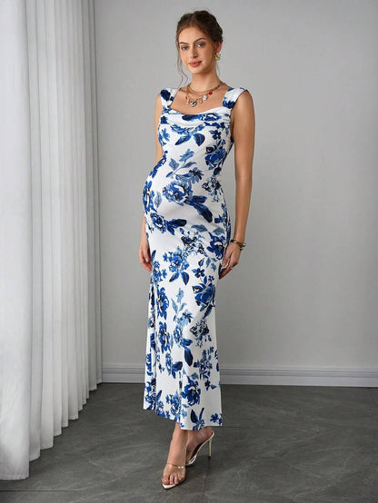 Maternity Bodycon Long Dress - Sweetheart Wide Strap, Double Ruffle, Back Slit, Mermaid Hem, Blue and White