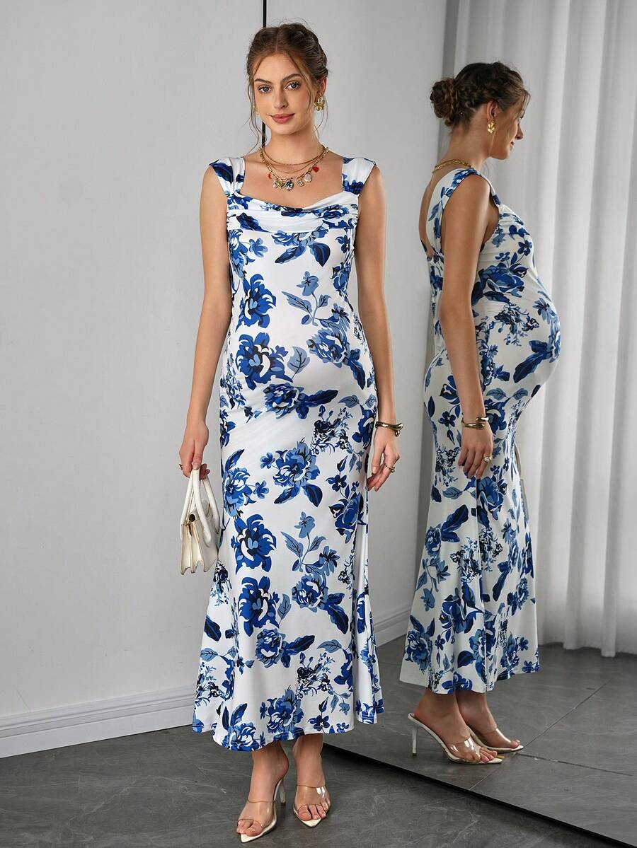 Maternity Bodycon Long Dress - Sweetheart Wide Strap, Double Ruffle, Back Slit, Mermaid Hem, Blue and White