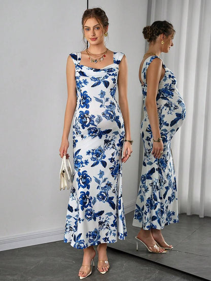 Maternity Bodycon Long Dress - Sweetheart Wide Strap, Double Ruffle, Back Slit, Mermaid Hem, Blue and White