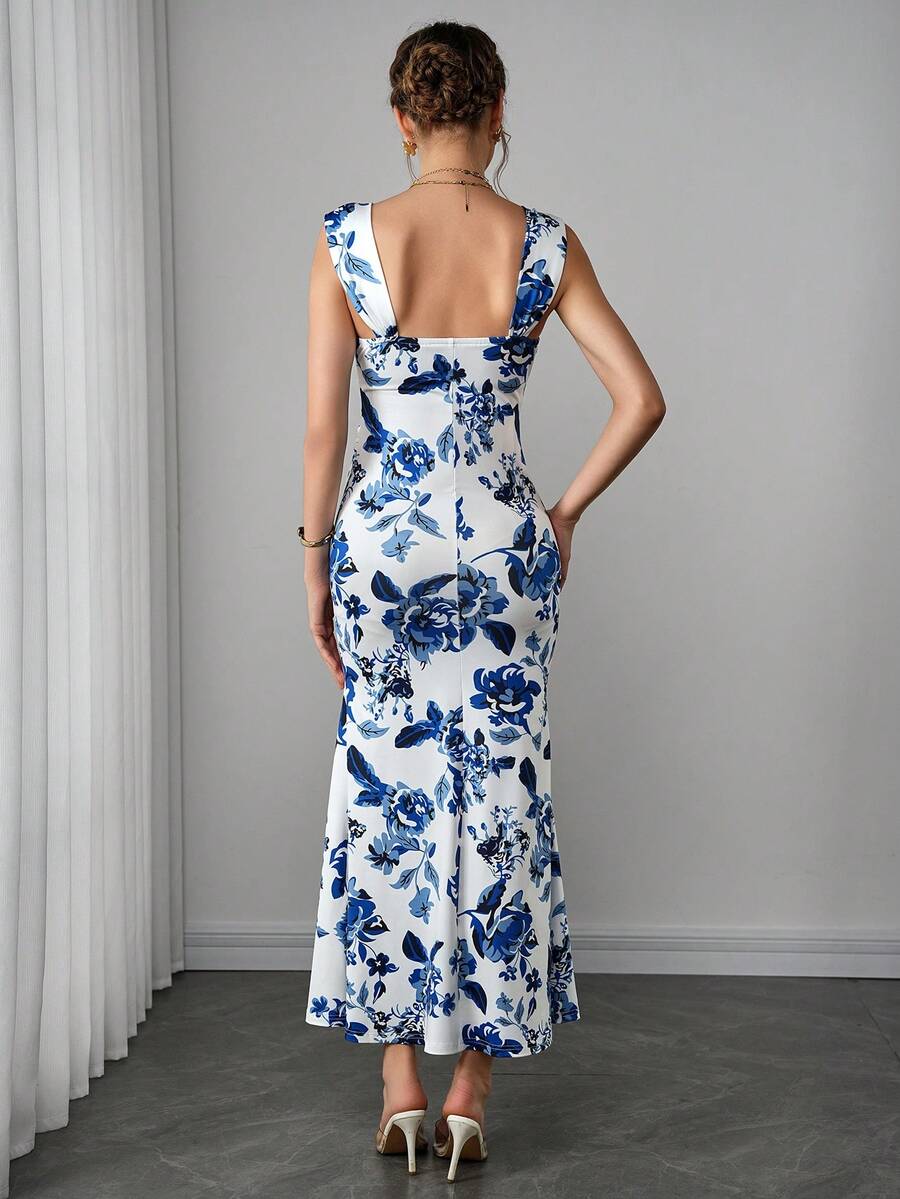 Maternity Bodycon Long Dress - Sweetheart Wide Strap, Double Ruffle, Back Slit, Mermaid Hem, Blue and White