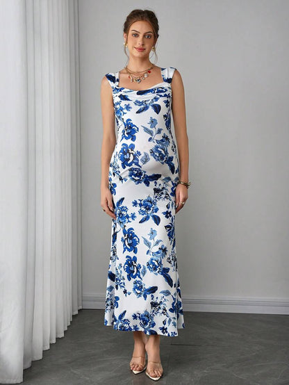 Maternity Bodycon Long Dress - Sweetheart Wide Strap, Double Ruffle, Back Slit, Mermaid Hem, Blue and White