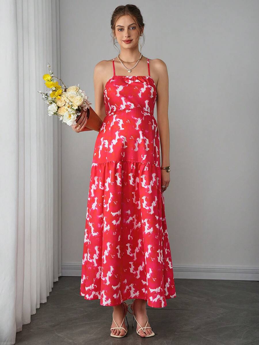 Maternity Bohemian Cami Maxi Dress - Spaghetti Strap, Criss-Cross Back, Floral, Multicolor