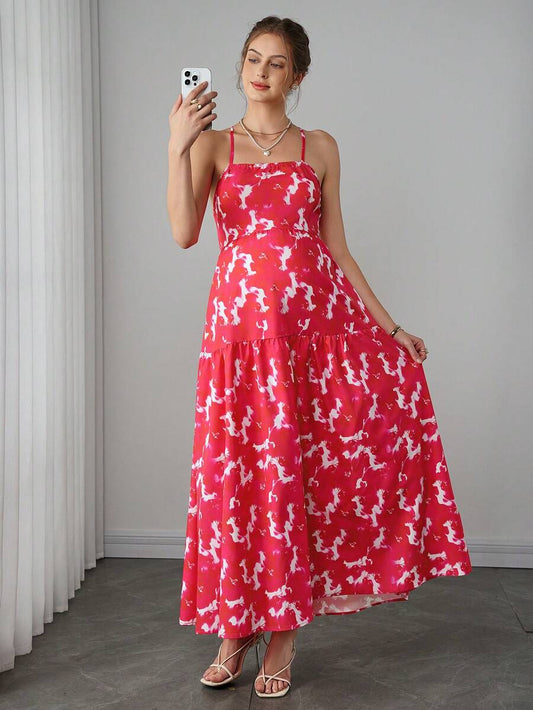 Maternity Bohemian Cami Maxi Dress - Spaghetti Strap, Criss-Cross Back, Floral, Multicolor