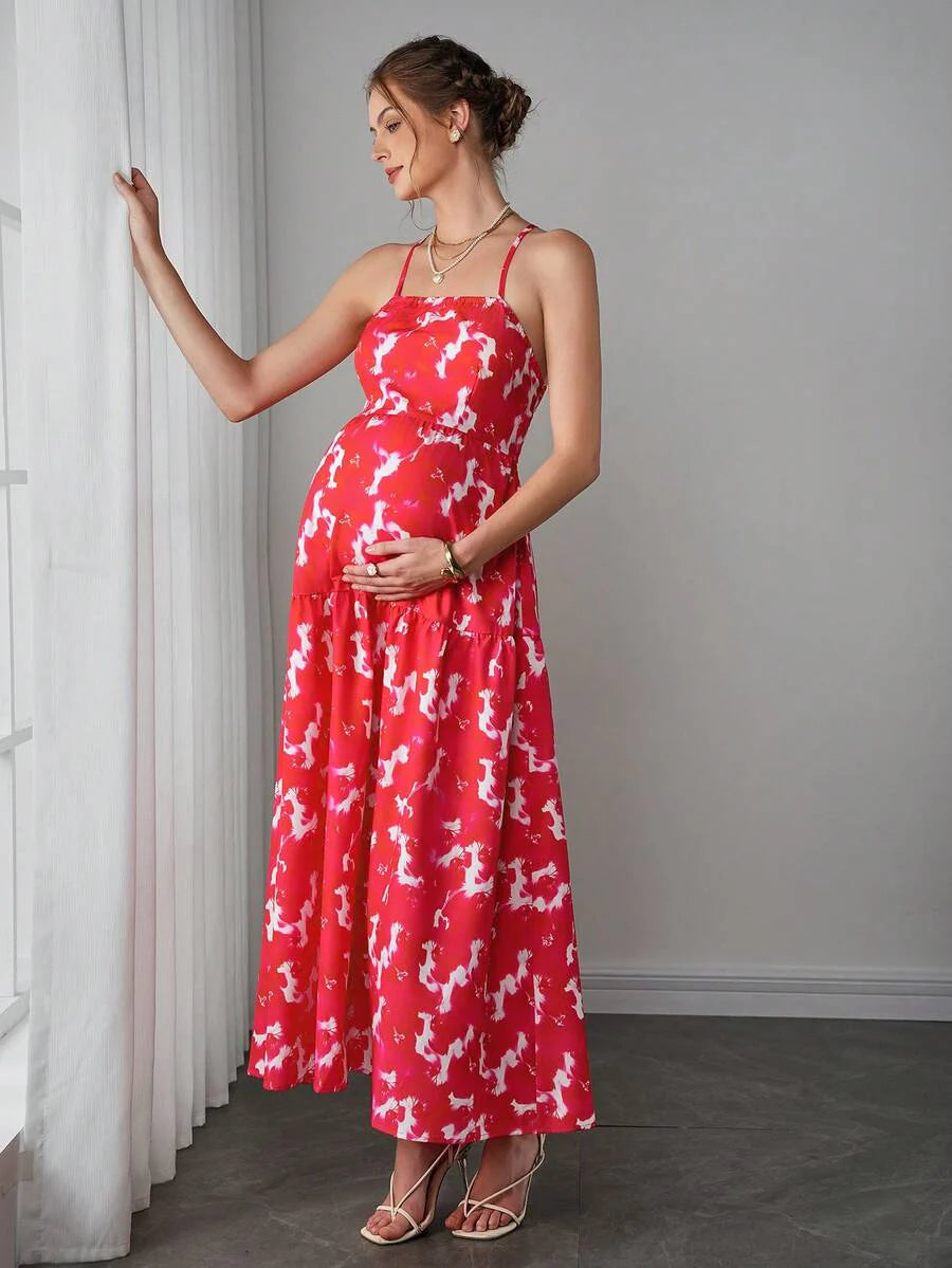 Maternity Bohemian Cami Maxi Dress - Spaghetti Strap, Criss-Cross Back, Floral, Multicolor