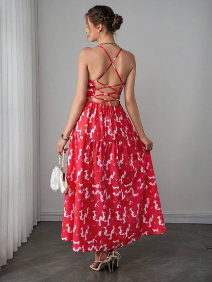 Maternity Bohemian Cami Maxi Dress - Spaghetti Strap, Criss-Cross Back, Floral, Multicolor